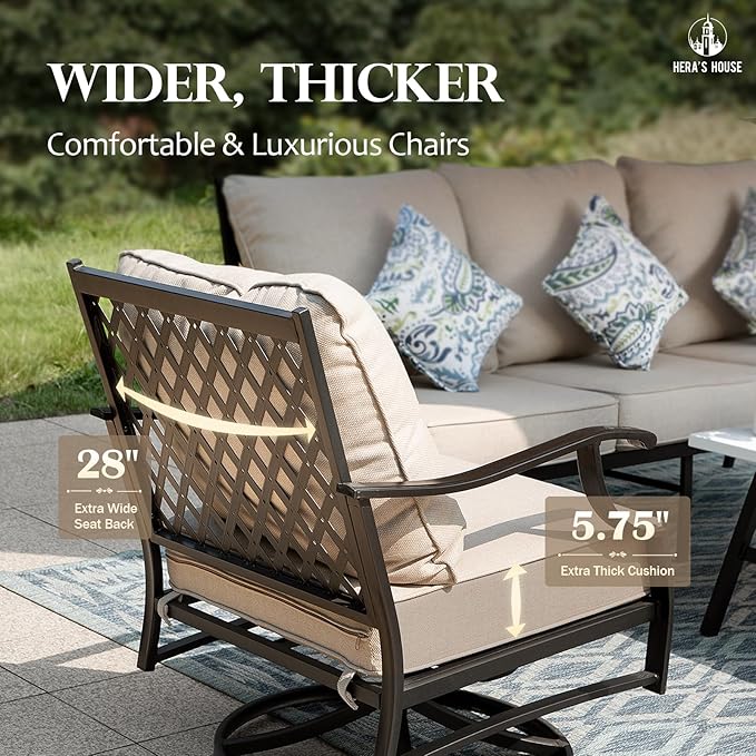 HERA'S HOUSE 6 Pieces Patio Furniture Set with Fire Pit Table, 2 x Swivel Chair, 2 x Ottoman, 3-Seat Sofa with 45" Fire Pit Table, Outdoor Conversation Set for Garden Poolside Backyard Deck