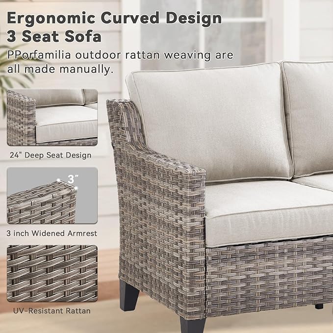 3-Piece Outdoor Bistro Set - Wicker Sofa With High Back, Ottomans, and Comfy Cushions - Rattan Conversation Set for Patio