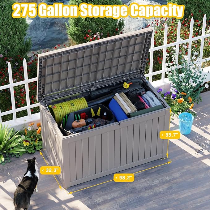 ROJIK Outdoor Storage Housing Deck Box - Waterproof Patio Furniture, Garden Tools, Cushions, Pool Accessories Storage Bench with Lockable Lid and Side Handles (Grey, 275 Gal)