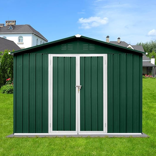 Metal Garden Sheds 8ft×10ft Outdoor Storage Sheds Green + White, for Backyard, Patio, Poolside