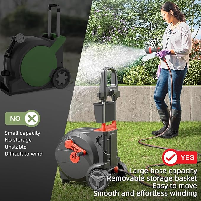 Hand-Crank Garden Hose Reel 1/2" x 130ft, Heavy Duty Garden Water Hose Reel, Removable, Any Length Lock, Hand Crank Effortless Rewind System, 4-Pattern Nozzle