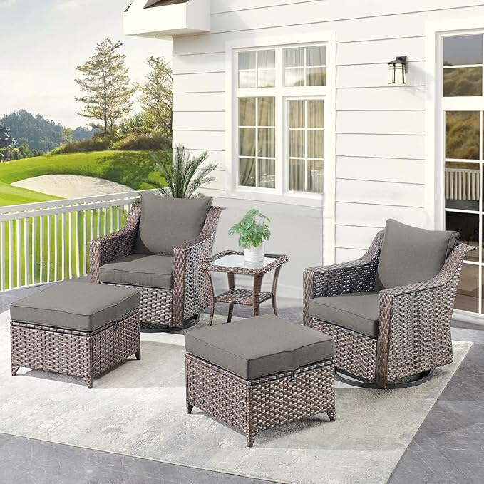 Outdoor Wicker Patio Furniture Set - 5 Piece Outside Rattan Conversation Bistro Dining Chair Sets with Rocking Swivel Chairs, Ottomans and Side Table for Porch Yard Balcony – Brown/Grey