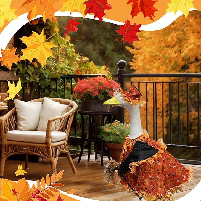 Fall Porch Goose Outfit Set for 23'' Plastic Statue Lawn Porch Goose Clothes with Autumn Maple Leaf Skirt Hat Broom Costume for Indoor Outdoor Patio Yard Lawn Art Decor