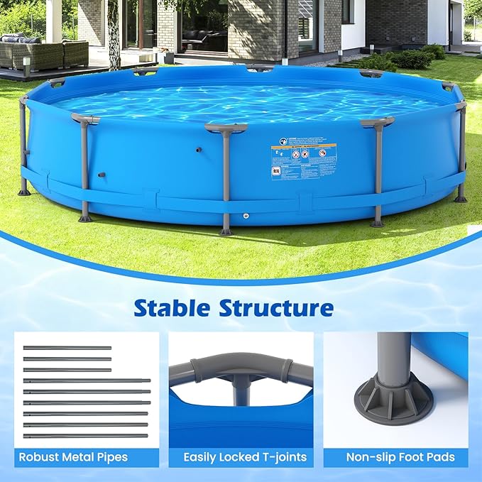 GYMAX 12ft x 30in Metal Frame Above Ground Swimming Pool, Outdoor Backyard Famliy Pool Set with Puncture-Resistant Fabric, Drainage Valve Connector for Kids & Adults (12' x 30", Round, Blue)