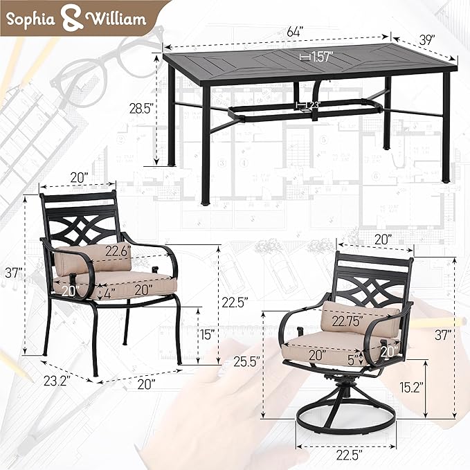 Sophia and William Outdoor Patio Dining Set for 6, Outdoor Table and Chairs, Removable Seat Cushions, 64" Black Patio Dining Table