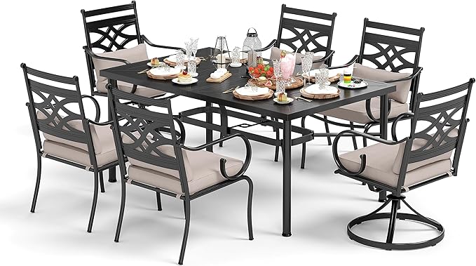 Sophia and William Outdoor Patio Dining Set for 6, Outdoor Table and Chairs, Removable Seat Cushions, 64" Black Patio Dining Table