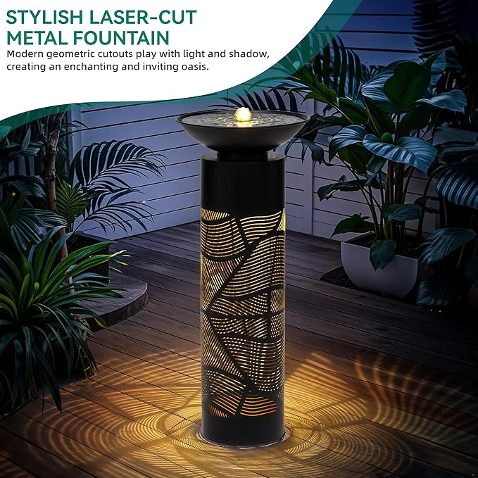 36" Modern Outdoor Fountain with Relaxing Water Flow, Elegant Cutout Metal Water Feature with lighs Casting Intriguing Lights and Shadows, Elevate Any Garden Patio Porch Deck or Home Décor