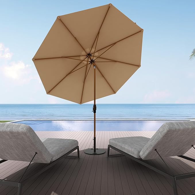 Midtown Umbrellas Sunbrella Umbrella Large Patio Umbrella 2-10 Feet Heather Tan Fabric, Auto-Tilt Aluminum Frame Backyard Umbrella, Deck Umbrella, Garden Umbrella & Porch Umbrella - Wooden Pole