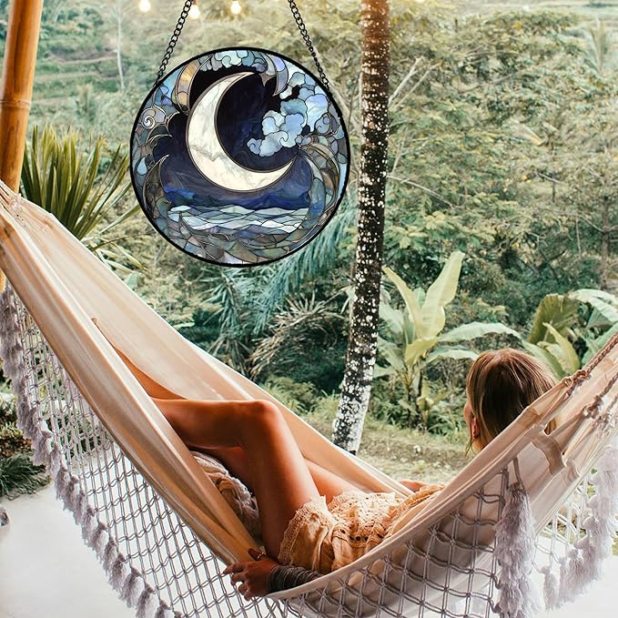 Stained Glass Window Hanging - Abstract Sea of Clouds Moon Sun Catcher for Door Terrace Garden Home Decor, Gray Blue Suncatcher Birthday Gifts for Lovers Women Men Dad Mom Nana 11.8 in