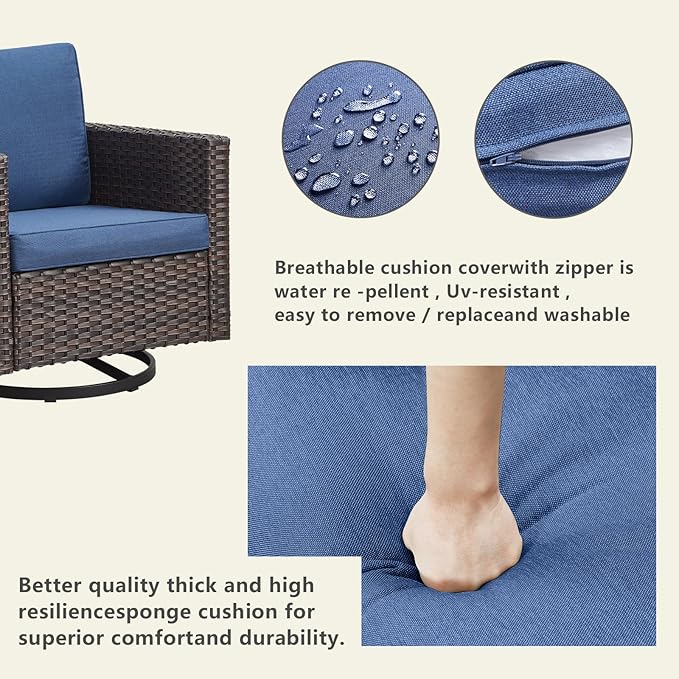 Outdoor Patio Swivel Rocker Chairs - Single Wicker Patio Swivel Rocking Chair with Waterproof Wicker,Comfortable Cushions and Sturdy Metal Frame for Outside Porch Deck Backyard(Brown/Blue/1PC)