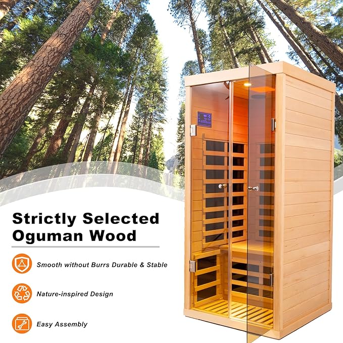 Indoor Infrared Sauna, 1 Person Hemlock Wood Low EMF Far Infrared Saunas, Personal Sauna Room Box with APP Control, Glass Door, Blue-Tooth, LCD, LED Reading Light, 7-Color Light Therapy