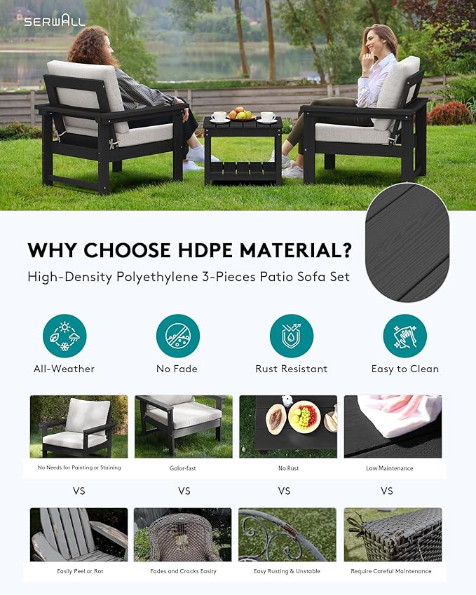 SERWALL Outdoor Patio Sofa Set, 2-Piece HDPE Single Seat Outdoor Sofa Chair with Padded Cushions, Black Frame with Beige Cushion