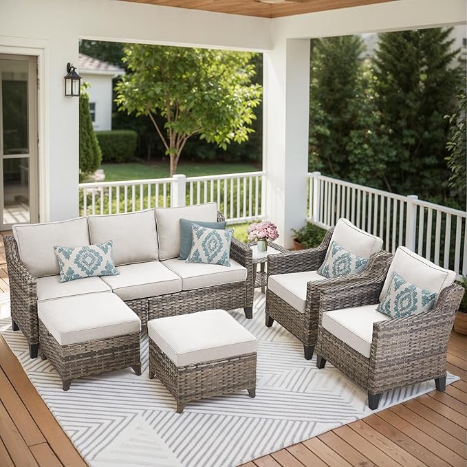 Patio Furniture Set, 6 Pieces Outdoor Wicker Rattan Sofa Couch with Rattan Chair, Side Table, Ottomans and Comfy Cushions, All Weather Patio Conversation Sets, Suit for Porch Deck Garden
