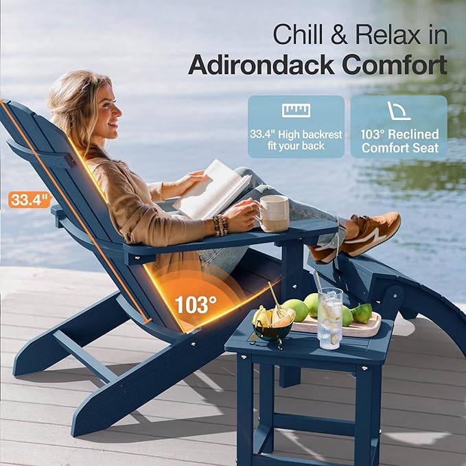 YEFU Adirondack Chairs Set of 4: Outdoor Chair HIPS Plastic Adirondack Chairs - Patio Chairs with Wood Texture - Lawn Fire Pit Deck Porch Garden Chairs for Adults (Navy Blue)