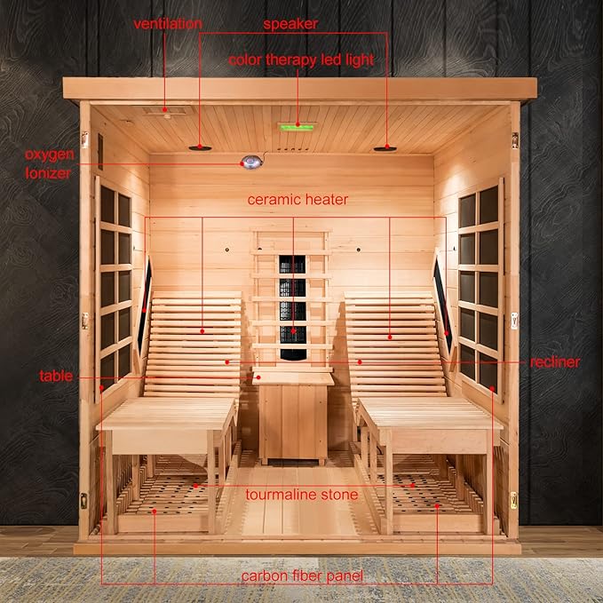 Infrared 2 Person Sauna with Recliner, Red Cedar Luxury Indoor Home Spa with 9 Heating Panels, 3400W, Oxygen Bar, Control Panel, Bluetooth Speaker, Full Spectrum Wood Dry Heat Sauna, 220V