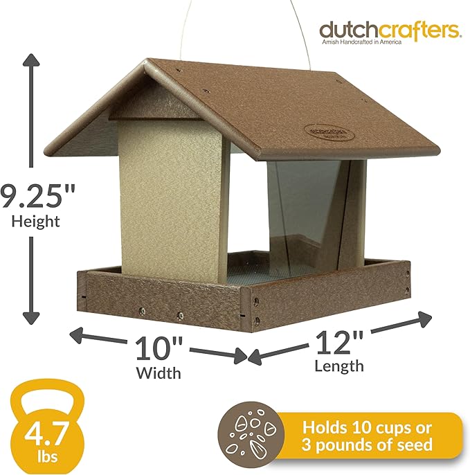 DutchCrafters Poly Hanging Hopper Bird Feeder, Large Hanging Bird Feeder for Outside, Outdoors - Amish American Made (Tudor Brown & Weatherwood)