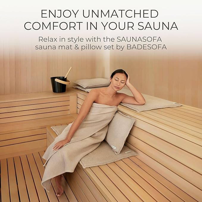 SAUNASOFA™ Sauna Mat & Pillow Set – 2 Person Sauna seat Cushion with Pillow – Luxury Sauna Gift for Infrared or Finnish Sauna in Taupe