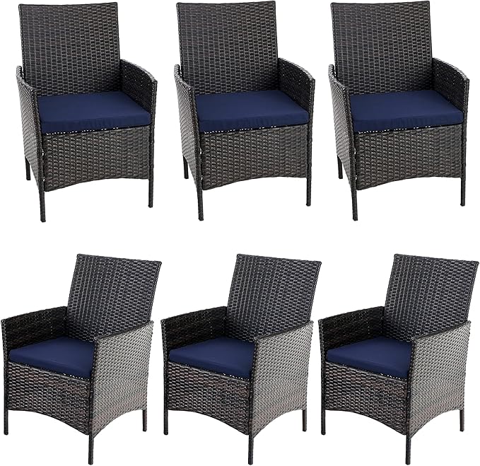 PHI VILLA Outdoor Wicker Dining Chairs Set of 6, Modern PE Rattan Armchair with Cushions for Patio, Deck, Yard, Porch
