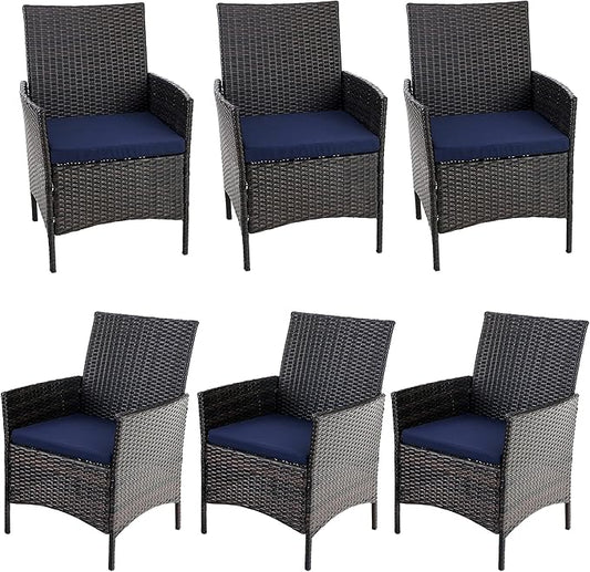 PHI VILLA Outdoor Wicker Dining Chairs Set of 6, Modern PE Rattan Armchair with Cushions for Patio, Deck, Yard, Porch