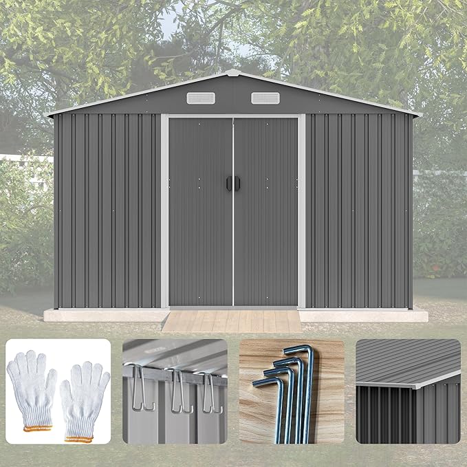 10X8 FT Outdoor Storage Shed, Metal Foundation & Lockable Doors, Tool Shed for Garden, Patio, Backyard, Lawn, Grey
