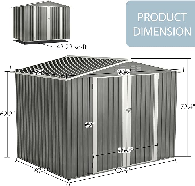 Metal Outdoor Storage Sheds 8 x 6 FT Lockable Metal Garden Shed Steel Anti-Corrosion Storage House with Double Lockable Door for Backyard Outdoor Patio
