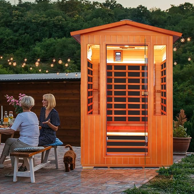 Outdoor Sauna 2 Person Sauna Infrared Saunas Dry Sauna Room Red Cedar and Canadian Fir Wood Wooden Sauna Spa 2080W Red Light Lamp 48.8 * 38.19 * 81.89inch