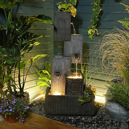 Outdoor Water Fountain Garden Waterfall - Large 4-Tier Modern Patio Fountains Feature with LED Lights for Backyard Deck Porch Pool Outside (Gray, 3.5 ft Tall)
