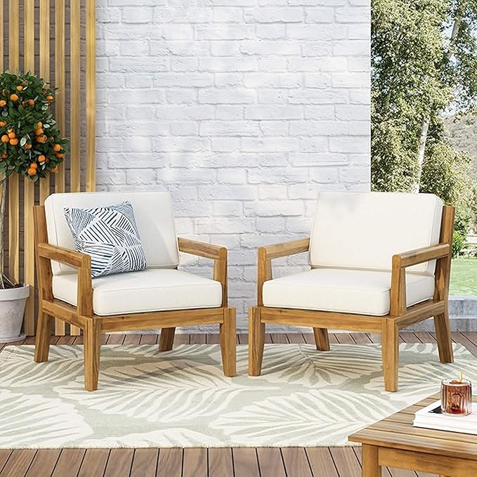 Merax Outdoor Patio Club Chairs,Set of 2,Acacia Wood Frame Conversation Set with Cushion for Porch Backyard,Classic Style
