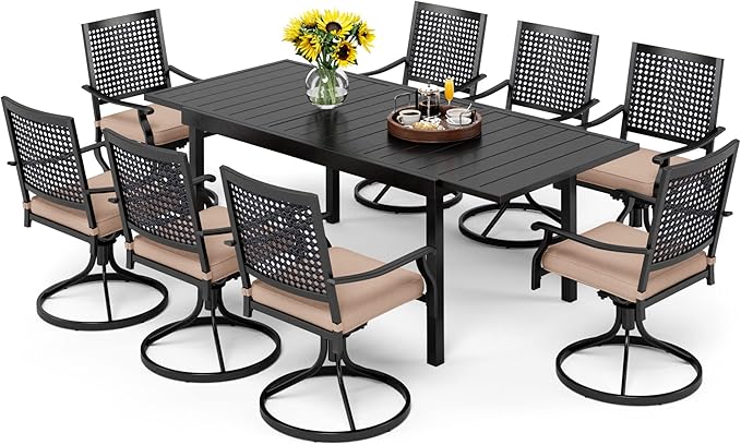 PHI VILLA Outdoor Dining Table and Chairs Set for 8, 9 Pieces Patio Metal Expandable Rectangular Table and Black Swivel Chairs with Cushions, Dining Furniture Set for Backyard, Porch
