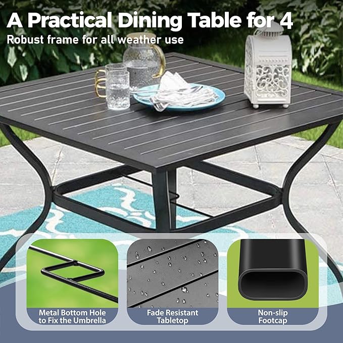 5 Piece Patio Dining Set for 4, 37”Square Table with Umbrella Hole, 4 x Metal Red Chairs, Outdoor Table and Chairs for Lawn and Deck