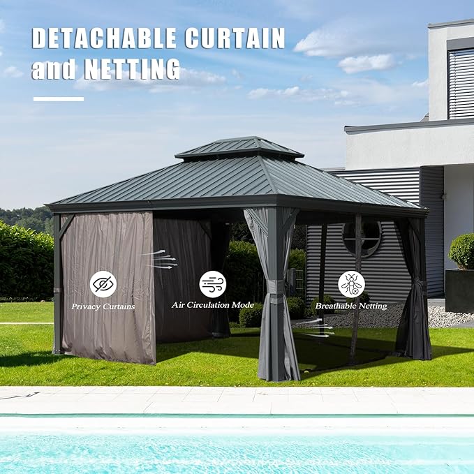 Domi 12'x14' Hardtop Gazebo Canopy,Outdoor Aluminum Gazebo with Galvanized Steel Double Roof,Permanent with Drainage System,Curtain and Netting Included,Grey