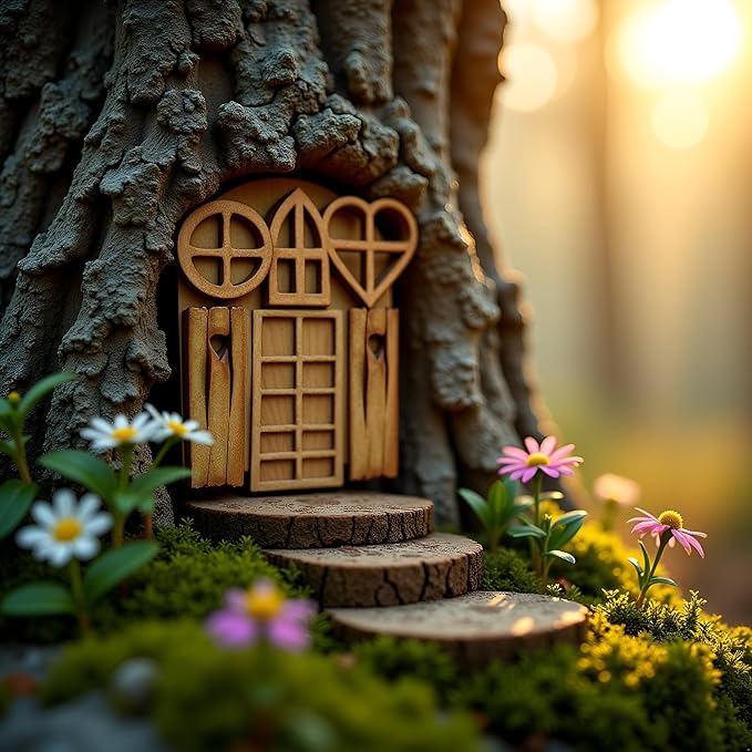 4 Pcs Wooden Fairy Garden Door and Windows Ornaments Tree Statues for Tree Trunk Yard Decoration Miniature Garden Buildings