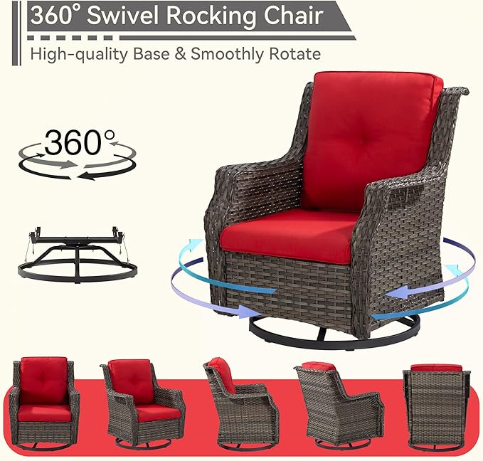 5-Piece Patio Wicker Conversation Set with Fire Pit, Furniture Set Includes 2 Swivel Rocker Chair and 2 Armchair, Cushion Red