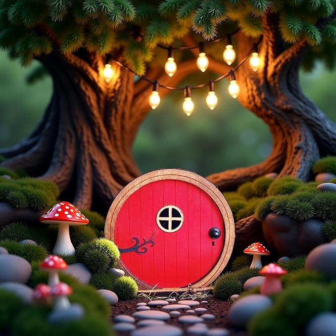 1Pc Red Fairy Garden Door for Tree, Fairy Doors for Trees Outdoor and Tree Trunk, Mini Fairys Gardens Sculpture Lawn Ornament Decor, Fairytales Door Decoration，Garden Miniatures