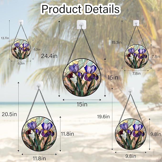 Stained Glass Window Hanging, Purple Blue Iris Birth Flower Suncatcher for Doors Garden Yard Sun Catchers Decor Christmas Mother's Day Birthday Gifts for Teacher Women Mom Nana Wife 9.8 in