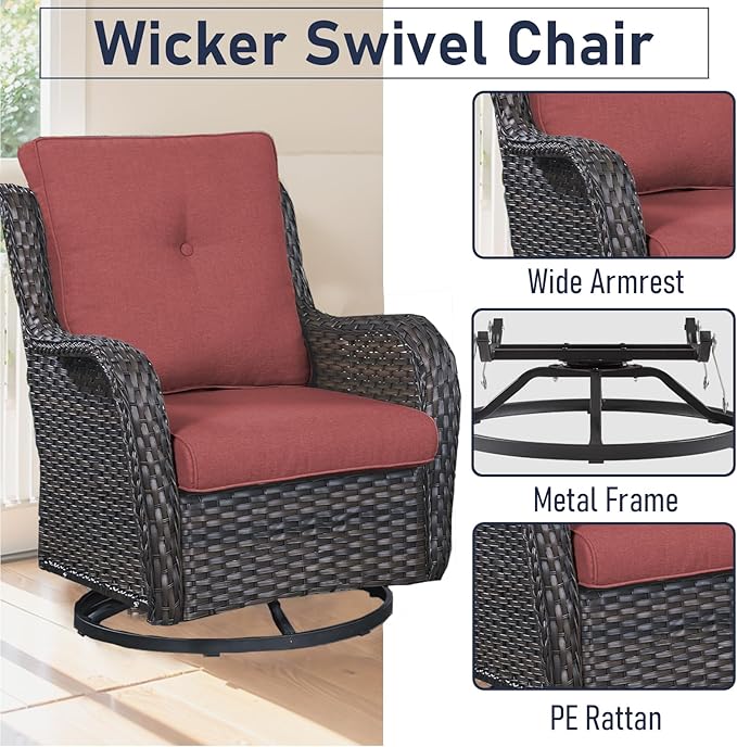 6 Pieces Patio Furniture Set with Fire Pit Table, Wicker Rattan Outdoor Furniture Set with Loveseat and Swivel Chairs for Yard, Deck, Garden, Brown Wicker/Red Cushion