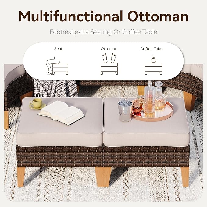 GREEN PARTY 9 Pieces Wicker Patio Furniture Set, All-Weather Outdoor Rattan Patio Sectional Sofa Conversation Set with 4" Thick Cushions for Garden, Backyard, 2 x Ottomans