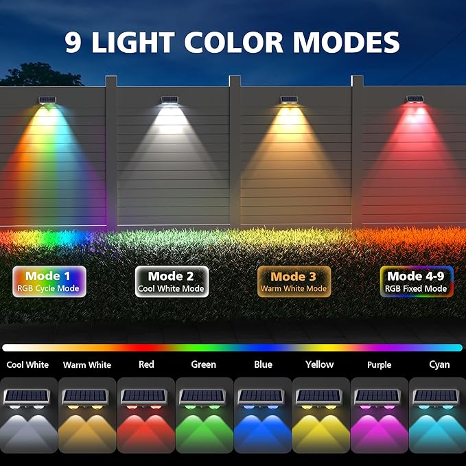 APONUO Solar Fence Lights Outdoor Waterproof, Fence Lights Solar Powered, 9 RGB Color Modes&Warm White&Cool White, Fence Solar Light Outdoor for Backyard, Patio, Wall, Yard,Deck, (White, 6 Pack)