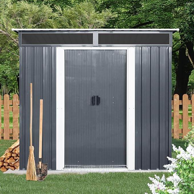 6X5 FT Outdoor Storage Shed, Waterproof Metal Garden Sheds with Lockable Door, Steel Tool Storage Buildings Shed & Outdoor Storage House for Garden, Backyard, Patio, Trash Cans(Black and White)