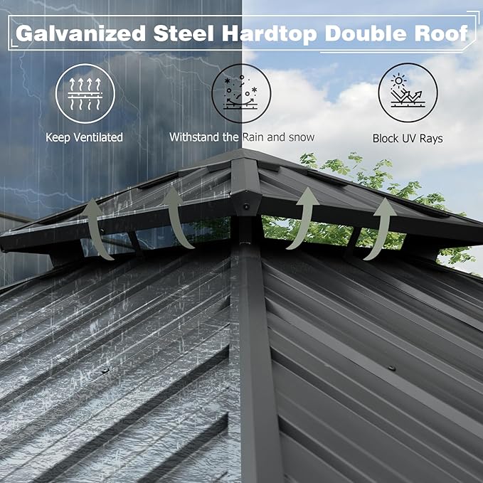Domi Hardtop Gazebo 10x10FT, Aluminum Outdoor Gazebo with Galvanized Steel Double Roof Canopy, Curtains and Netting Included, Metal Gazebo Permanent Pavilion for Patio, Lawn, Garden, Gray