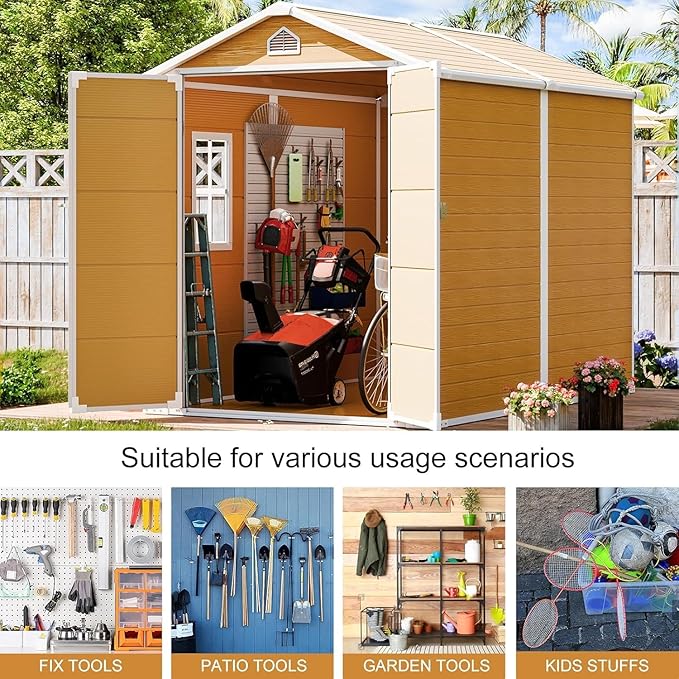 Resin Storage Shed with Floor 8 x 6 FT Waterproof Plastic Outdoor Garden Sheds Kit with Lockable Door & Windows,Patio Tool Shed for Backyard Lawn, Wood Color