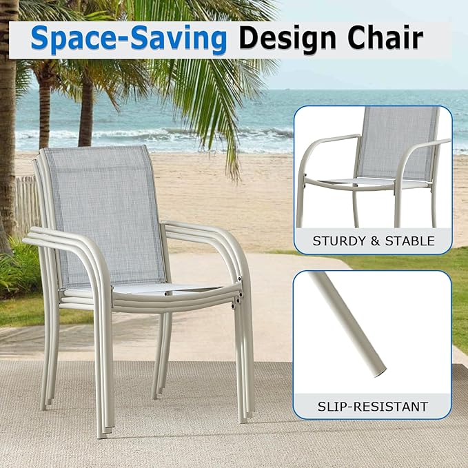 Outdoor Dining Chairs Set of 8, Stackable Patio Chairs with Textilene Fabric, Lightweight Garden Chairs for Poolside, Backyard, Camping, Beige