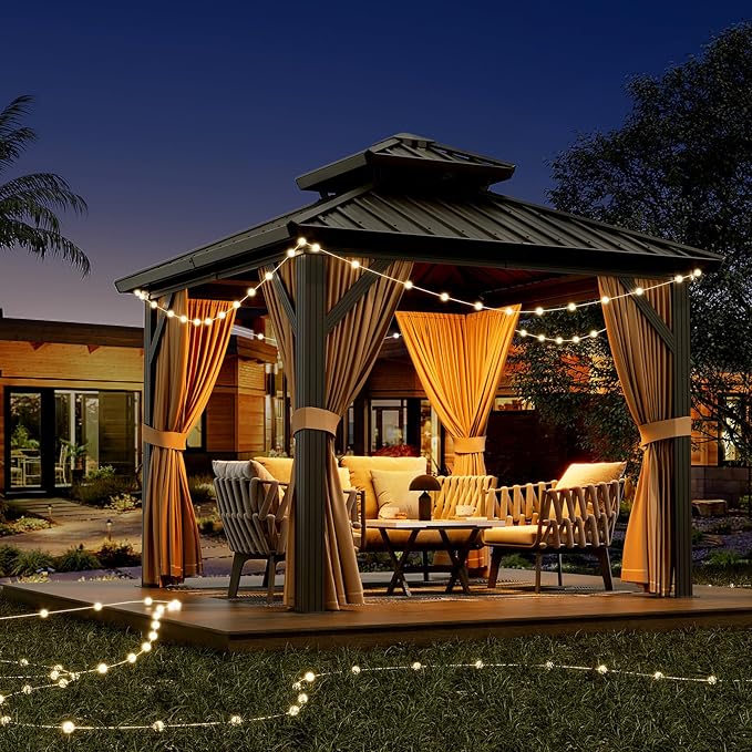 Outdoor Gazebos Canopy 10 x 10 ft Permanent with High Strength Aluminum Frame, Iron Double-Roof, Pavilion with Curtain and Netting for Patio, Lawn, Deck, Garden