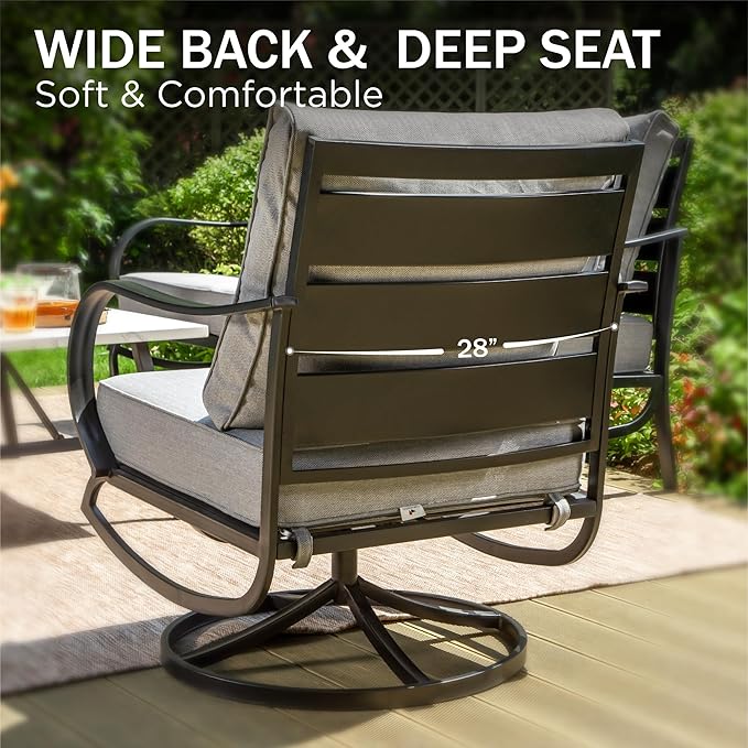 PHI VILLA 4 Piece Patio Furniture Sets for 5 Person with 1 x 3-Seat Deep Seating Bench, 2 x Cushioned Swivel Sofa Chairs & 1 x Coffee Table, Outdoor Metal Conversation Set for Lawn Garden,Grey