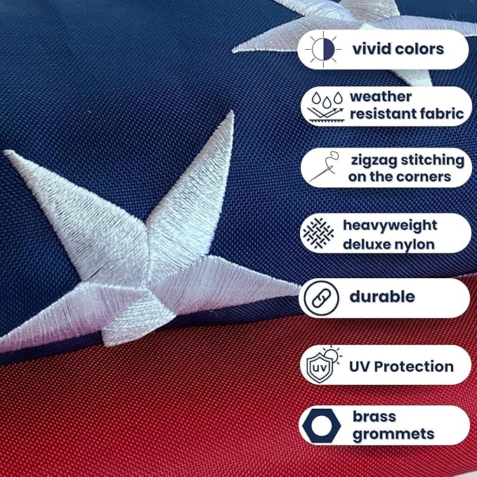 American Flag - Heavy-Duty US Flag - Embroidered Stars - Nylon USA Flag Built for Outdoors - Sewn Stripes - UV Protection - Brass Grommets (3x5 ft)