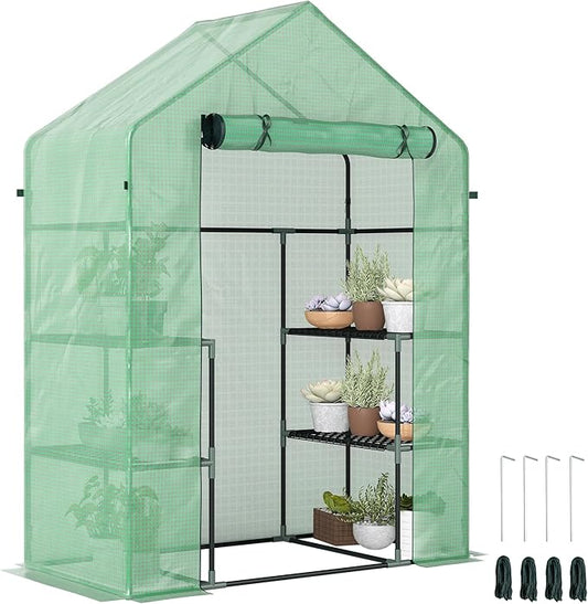 Outsunny 56" x 29" x 76" Portable Walk-In Garden Greenhouse with Built In 3-Tier Shelves