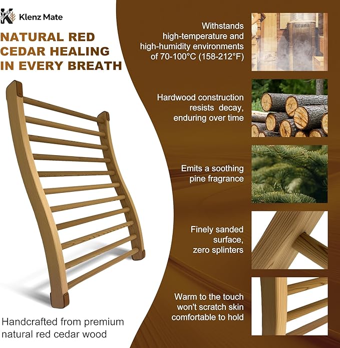 2025 Upgraded Premium Red Cedar Wood Sauna Backrest, Sauna Accessories with Non-Slip Pad, S-Shaped Ergonomic Design, Sauna Chair with Backrest, for Infrared Sauna and All Barrel Saunas, Handmade, 21"