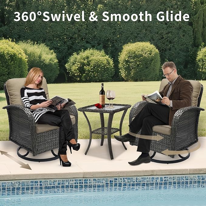 3 Pieces Patio Furniture Set, Outdoor Swivel Rocking Chair Set of 2 with Side Table - 360° Swivel, Thick Cushions, All-Weather Bistro Set for Deck, Porch, Pool(Brown, Grey Full-Weave Rattan)