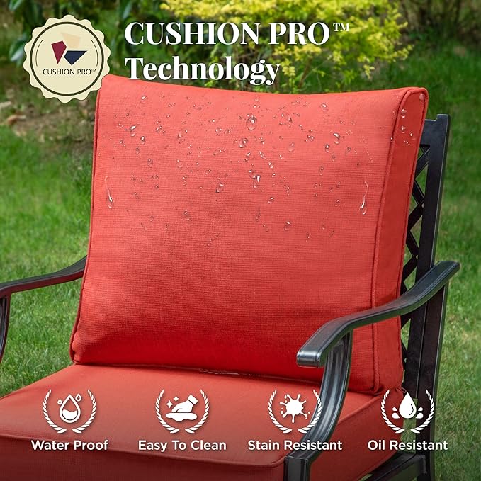 Patio Furniture Set 6 pcs, Outdoor Patio Furniture, 3-Seat Sofa, 2 Rocking Chairs, 2 Ottomans, Coffee Table and 5.75" Extra Thick Cushion, Conversation Set for Backyard Deck, Red