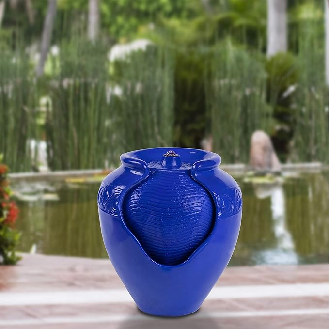 Pure Garden Jar Water Fountain – Indoor or Outdoor Ceramic-Look Glazed Pot Resin Water Feature with Electric Pump and LED Lights (Cobalt Blue)